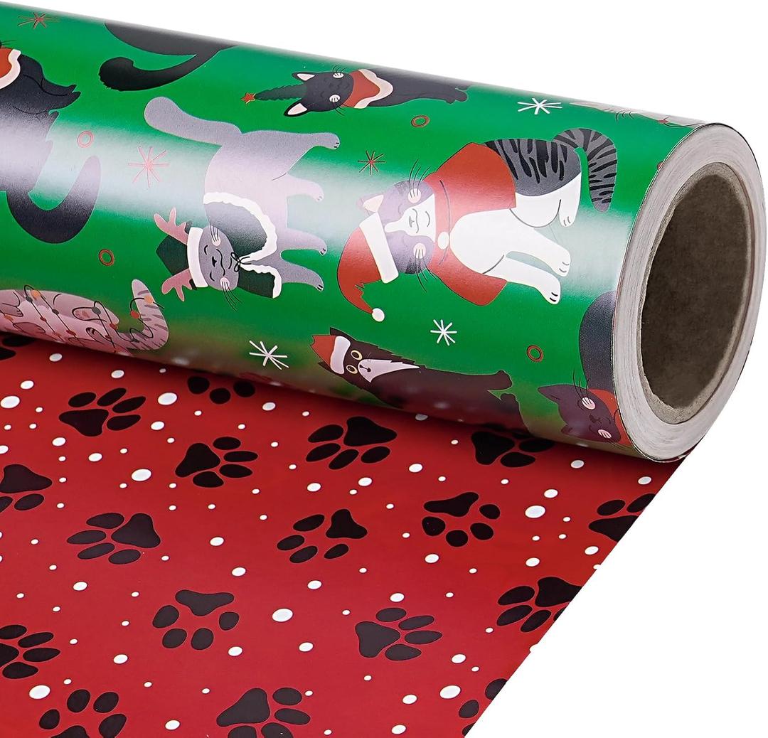 RUSPEPA Reversible Christmas Cat Wrapping Paper Roll, Mini Roll, Santa Cats on Green and Paw Prints on Red, Holiday Gift Wrap for Cat Lovers, Christmas, Winter Party, 17 Inches x 16.4 Feet