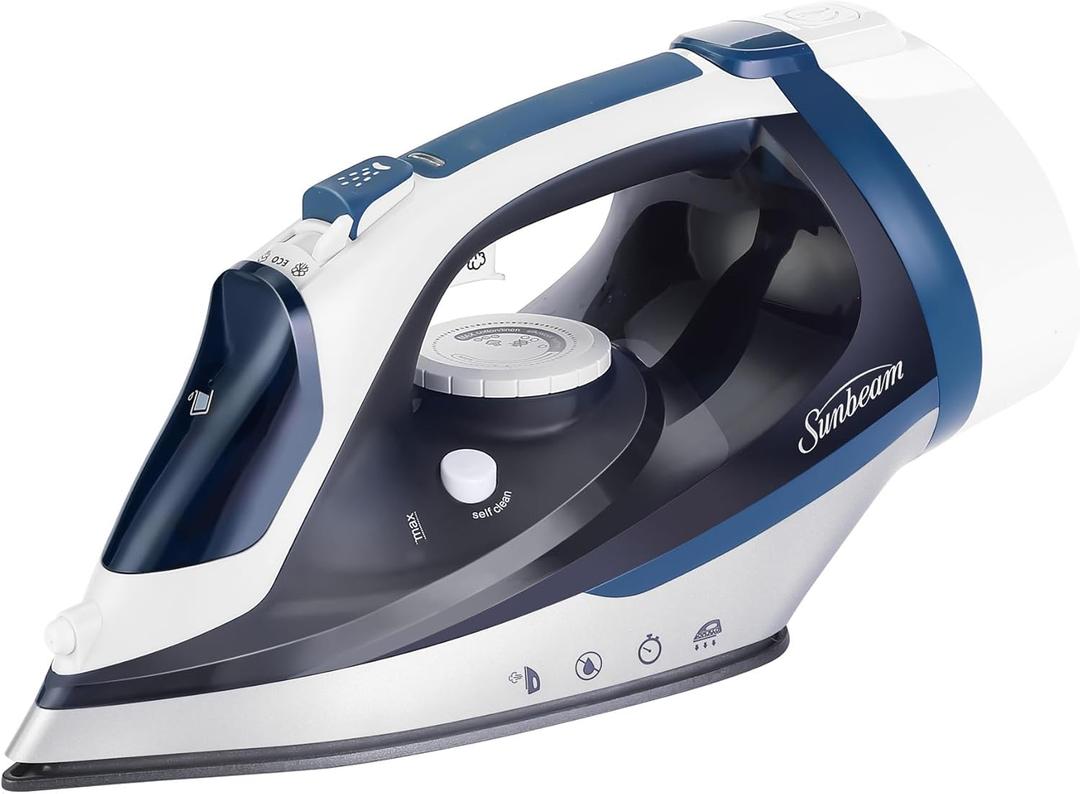 Sunbeam 1700W Steam Iron, 8' Retractable Cord, Variable Temperature Select, Non-Stick Soleplate, Dual Spray Mist, Horizontal or Vertical Shot of Steam Feature, 3-Way Auto-Off, Blue and White (One Size)