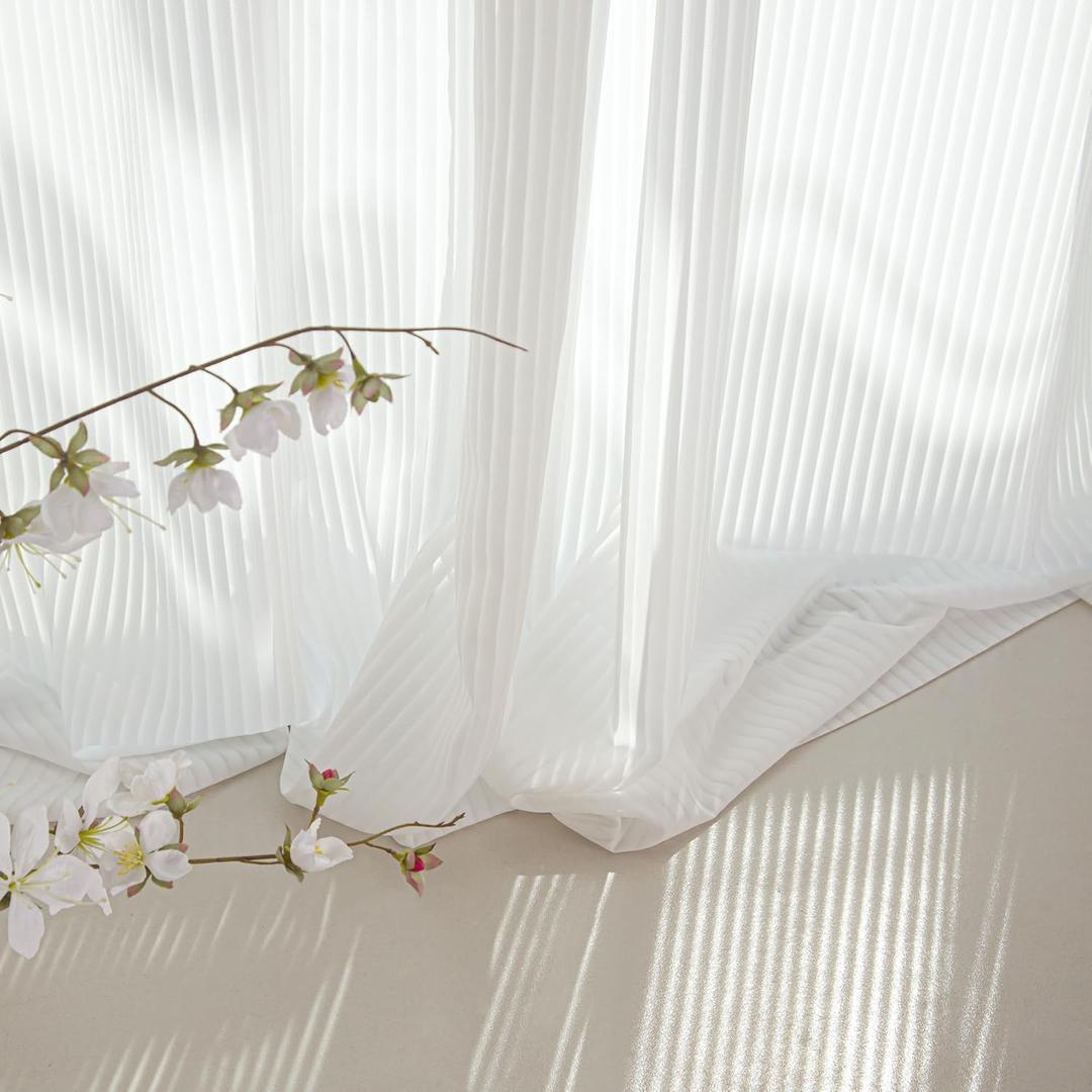 NICETOWN White Privacy Sheer Curtains 84 inches long Vertical Pinstriped for Living Room 2 Panels, Non-See-Through Semi Grommet Window Treatment Light Filtering Drapes for Home Office Bedroom 52" Wide
