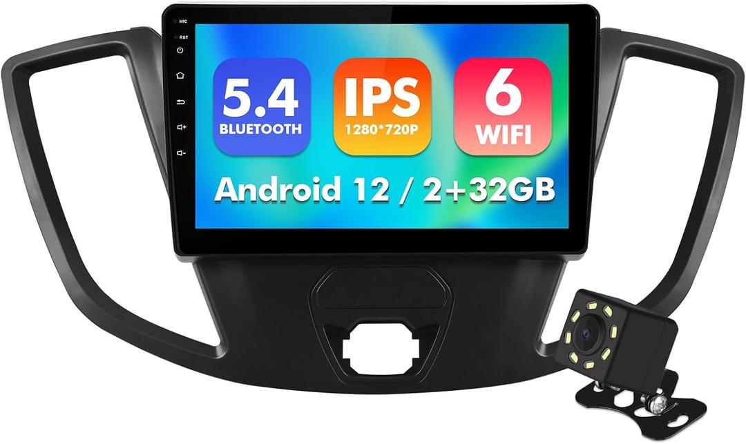 9 Inch IPS Touchscreen Android 12 Car Stereo for Ford Transit 2013-2019 with Wireless CarPlay & Android Auto 2+32GB Car Radio, Support GPS, WiFi 6, Bluetooth 5.4, FM Radio, Backup Camera, Dual USB