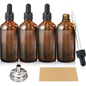 AOZITA 4 Pack, 100ml Dropper Bottles with 1 Funnel & 4 Labels - Essential Oils Bottles for Health, Personal Care & Beauty - 3.4oz Thick Dark Amber Glass Tincture Bottle with Eye Droppers, Leakproof