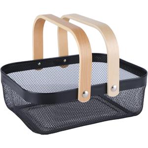 2 Pack AJIODA Metal Mesh Steel Basket, Storage Organizer Basket Garden Harvest Basket Multi-functional Kitchen Fruit Baskets Bin with Wooden Handle for Bathroom Picnic Shopping Decor Cabinet Home, Black