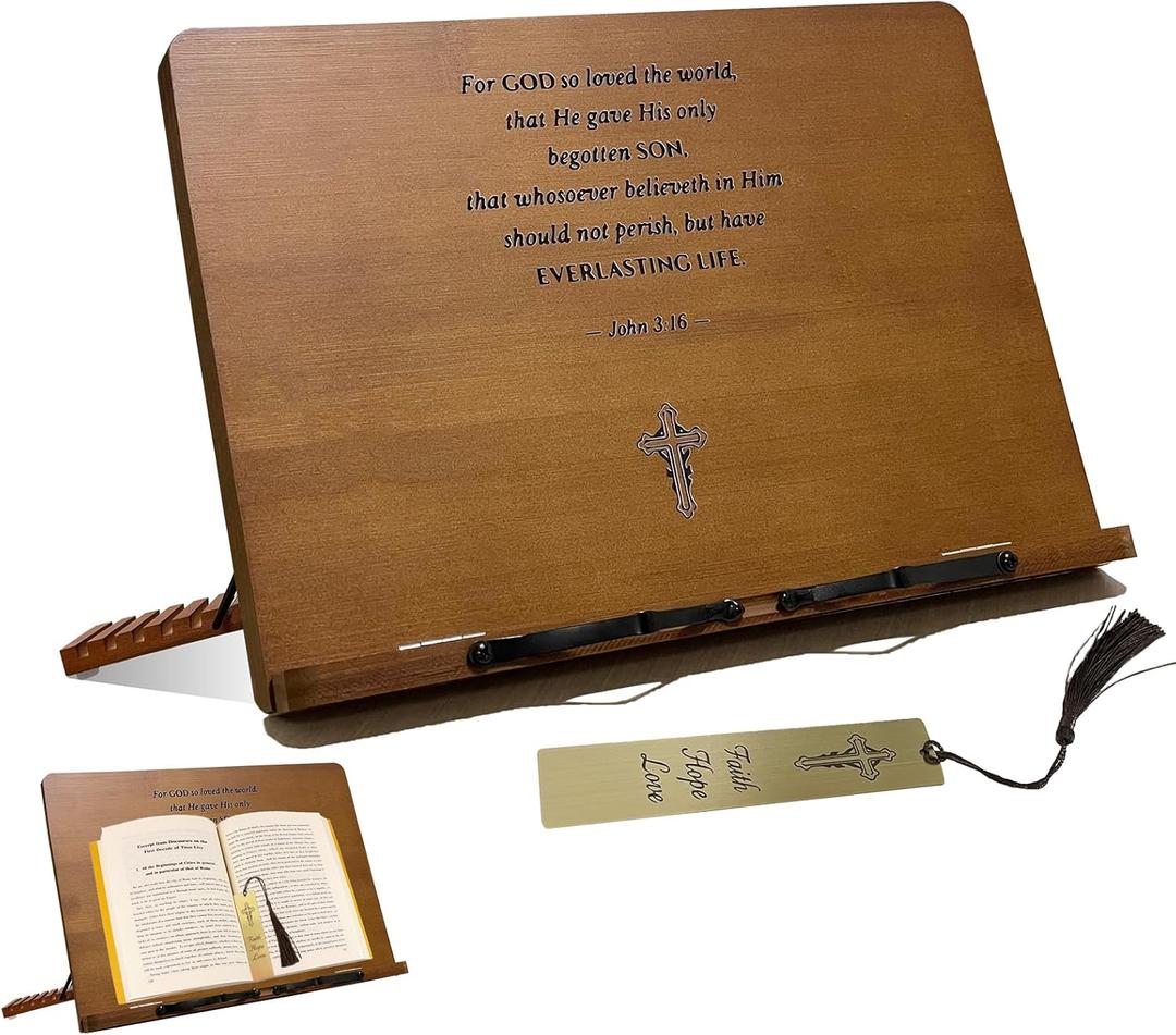 Large Bible Stand Holder, Christian Gifts for Women Men Faith, Spiritual Gifts Decor - Adjustable Bamboo Wooden Book Stand for Reading Hands Free, Cookbook Stand with Sturdy Page Clips (Warm Brown)