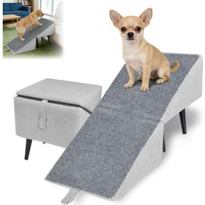 Split Ottoman Dogs Ramp, Dog Ramp for Couch and Bed, Dog Stairs for Small Dogs and Cats, 2-in-1 Foldable Wooden Pet Stairs and Ottoman, Non-Slip Fabric Surface, Lightweight Ramp for Couch and Bed Gray