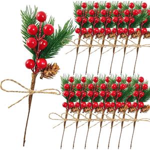 TIHOOD 20PCS 8inch Pine Cone Red Berry Picks Stems Crafts Branch Christmas Wreath, Holly Artificial Evergreen Branches Tiny Pine Cones Picks Dcor Floral Picks for Christmas Flower Wreaths DIY