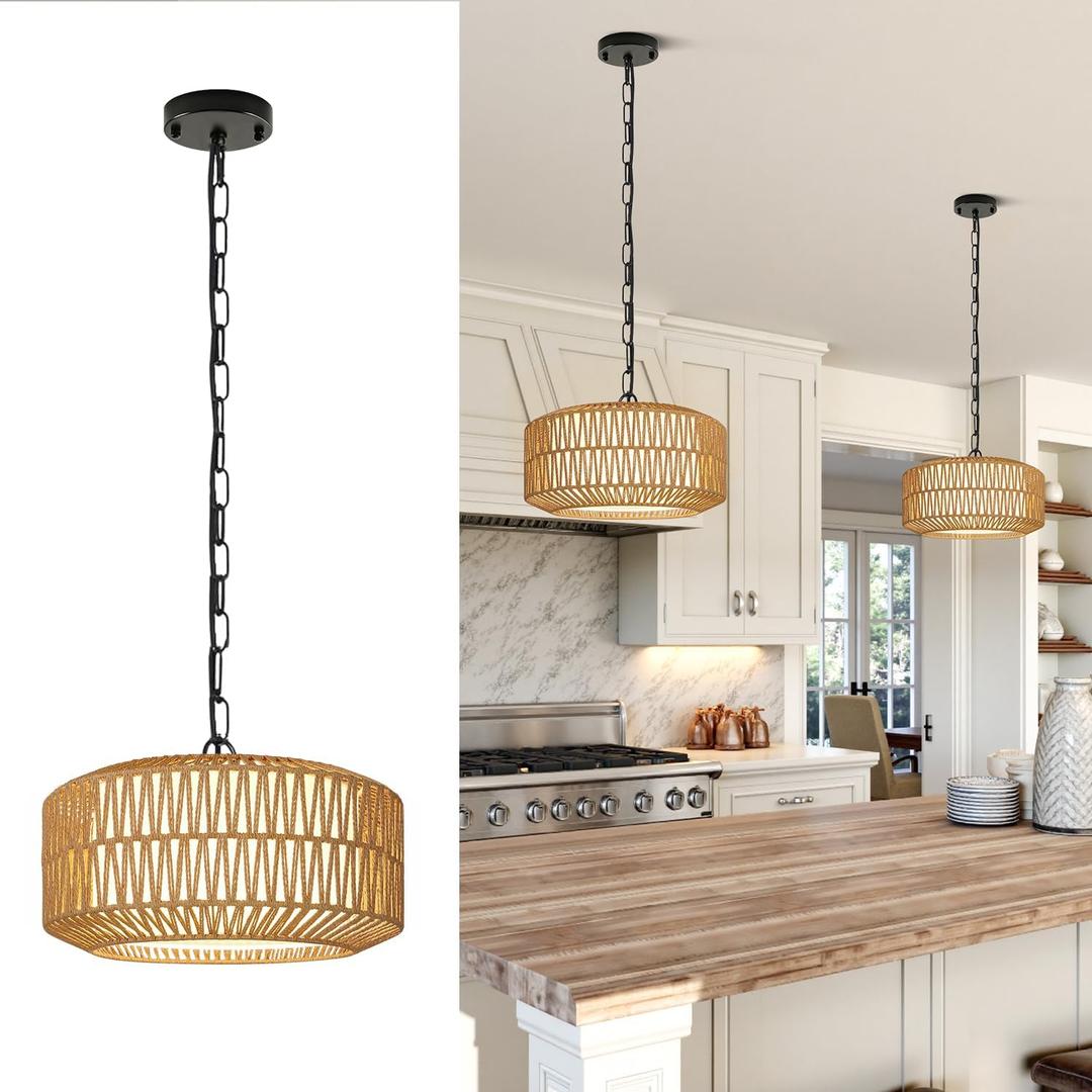 Farmhouse Chandelier Light Fixture, 1-Light Rattan Boho Chandeliers for Dining Room, Hand Woven Pendant Light with Linen Shade, Rustic Hanging Lighting for Kitchen Island, Bedroom (Bulb Not Included)