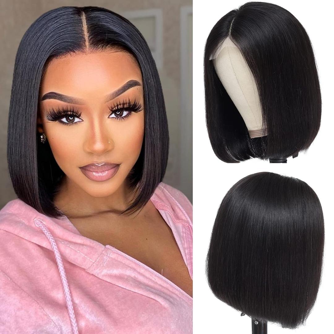 Short Bob Wigs Human Hair Lace Closure Wigs Brazilian Straight Bob Human Hair Wigs 150% Density Pre Plucked with Baby Hair Natural Color (10, straight bob wig) (10, Straight Bob Wig)