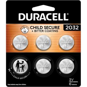 Duracell 2032 Lithium Battery, 6 Count (Pack of 1), Compatible with AirTag, Child Safety Features, Key Fob, CR2032 3V Cell