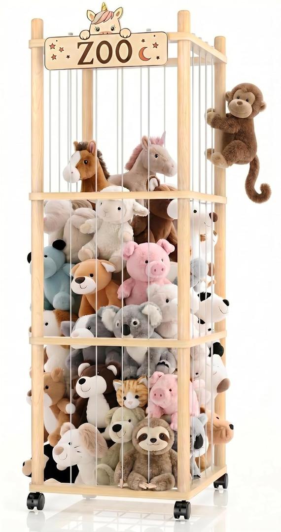 Stuffed Animal Storage Zoo Tower, 56In Wooden Large Stuffed Animal Holder Organizer with Wheels, Stuffy Plushies Storage with Elastic Band & Mesh Bottom, Toy Storage Organizers for Playroom Bedroom Nursery - Natural Wood