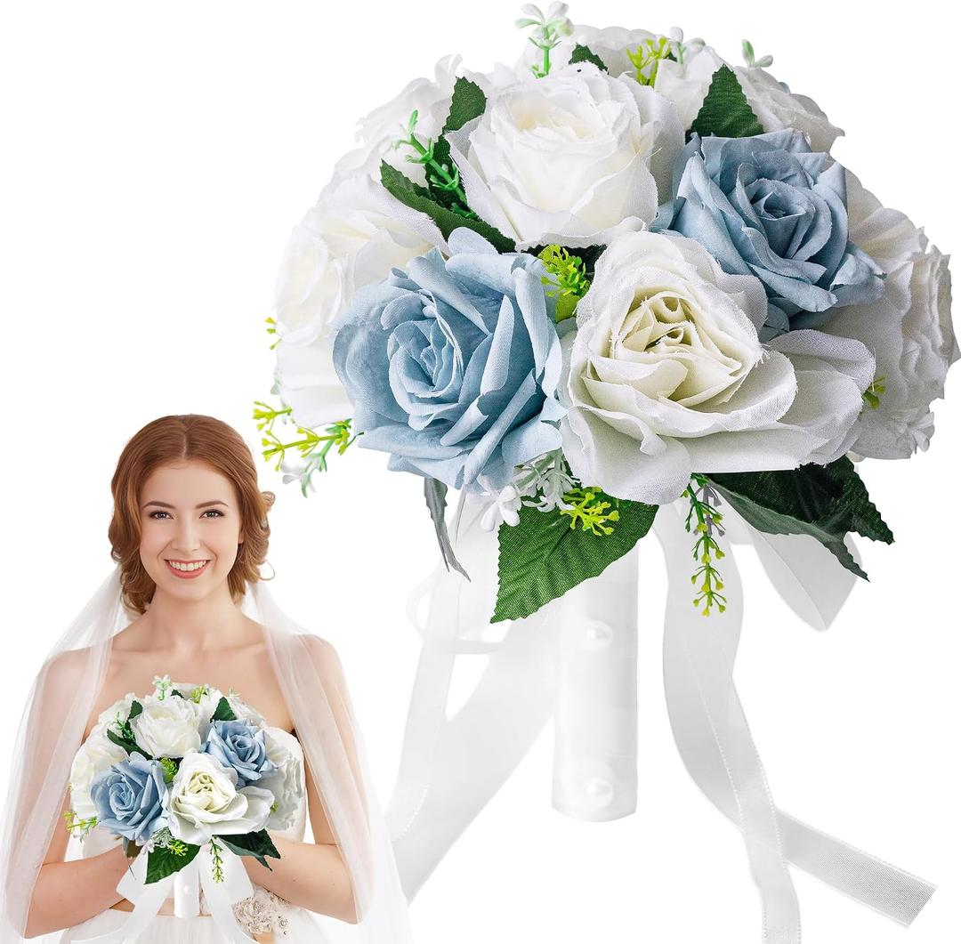 Wedding Bouquets for Bride & Bridesmaid - Realistic Silk Flowers Artificial Roses, 8 Inch Bridesmaid Bouquet for Ceremony, Church, Anniversary, and Home Decoration (White & Blue)