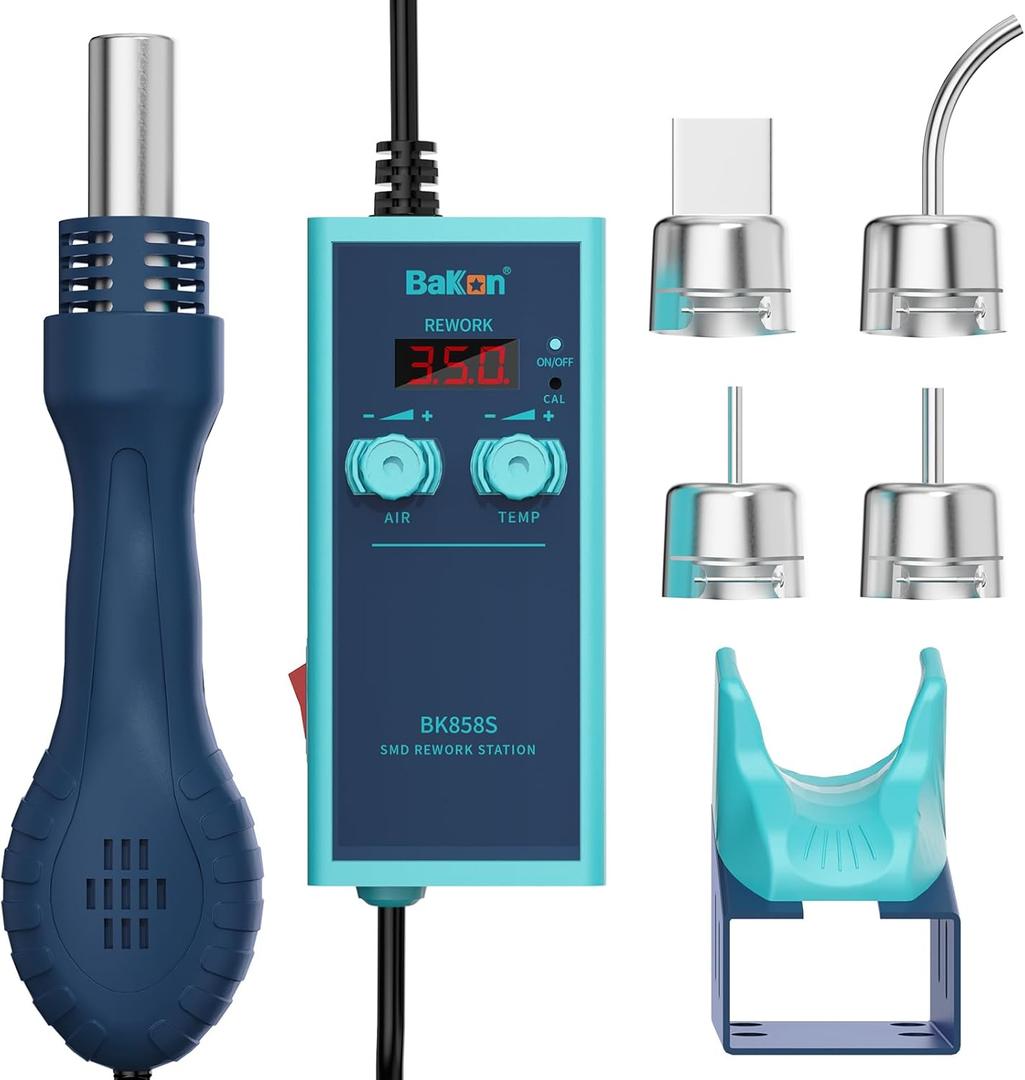 BK858S Compact Hot Air Rework Station Kit - Integrated Nozzle Holder, Digital Display Soldering Station, Adjustable Temperature & Airflow, PID Program