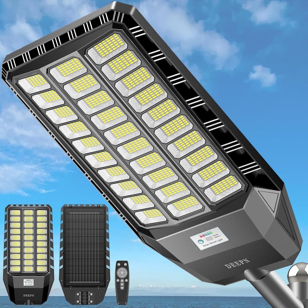 Deepn Solar Street Light, Commercial Grade Solar Lights Outdoor IP67 Waterproof, 8700W LED Flood Security Lights Motion Sensor & Dusk to Dawn Outdoor Lighting for Parking Lots, Streets & Yard, 1 Pack