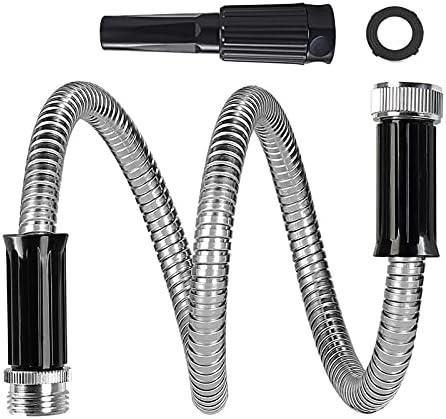 SIXWOOD Metal Short Lead Hose 15FT, 5/8" Diameter, Stainless Lead Water Hose with Adjustable Nozzle, Heavy Duty Small Hoses for Yard, Outdoor - Flexible, Never Kink & Tangle, Puncture Resistant