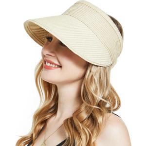 Sun Visor Hat for Women, Wide Brim Straw Summer UV Protection Hat, Foldable Roll-up Packable Beach Cap (Beige)
