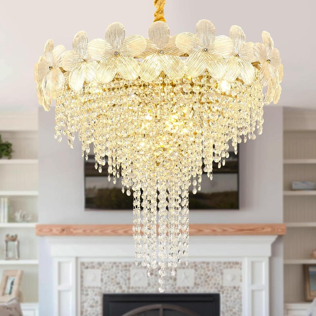 23.6" Gold Crystal Chandelier, 8-Tier Luxury Flower Round Chandeliers, 9-Light Adjustable Height Ceiling Fixture Elegant Modern Tiered Chandelier for Dining Room, Living Room, Staircase