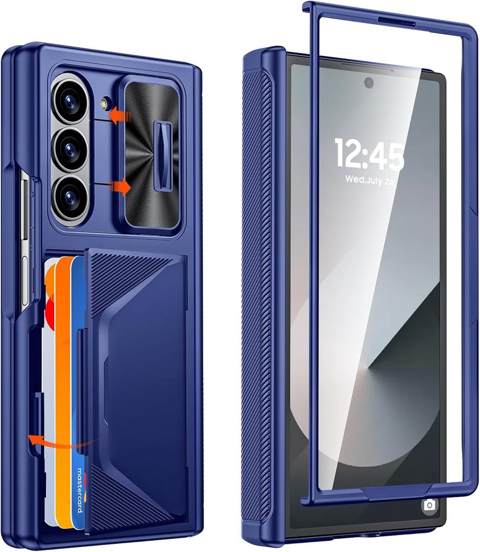 CENMASO for Samsung Galaxy Z Fold 6 Case with Wallet Card Holder & Slide Camera Cover & Hinge Protection & Screen Protector [RFID Blocking] Full-Body Shockproof Protection Case for Z Fold 6-Blue