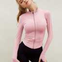 Tanming Women's Full Zip Seamless Workout Jacket Running Yoga Slim Fit Track Jacket (Pink)