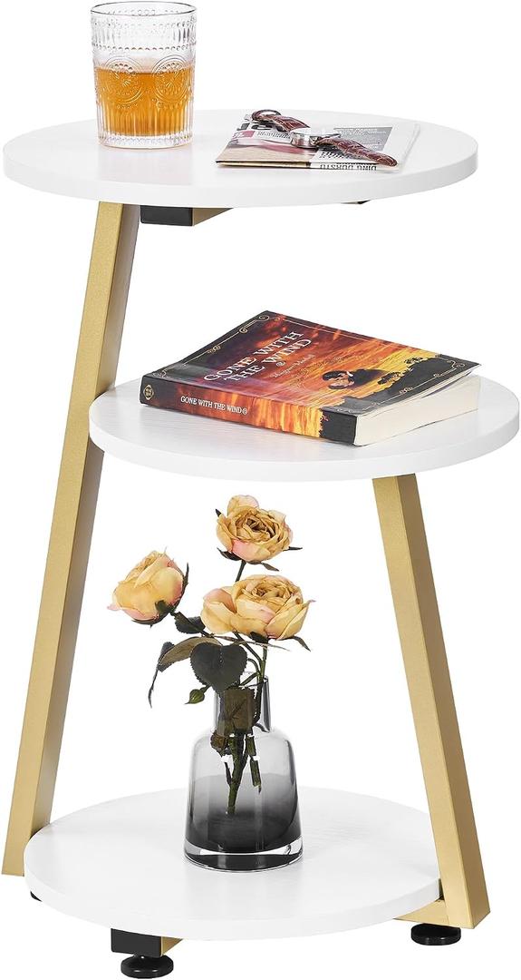 BEWISHOME Round End Table Side Table with Metal Frame, Accent Bedside Table Nightstand with 3-Tier Shelves, Small Couch Table for Living Room Bedroom White Gold KTZ41M, without PowerOutlet