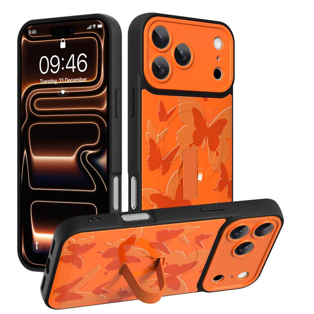 Gukalong Magnetic Phone Case for iPhone 17 Pro 6.3 Inch (Compatible with MagSafe) Orange Butterflies Phone Cover with Strap Stand Shockproof Protective Anti-Scratch Kickstand Case for Women