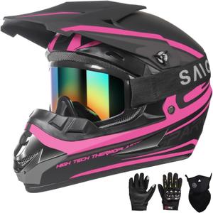 Youth Kids Motocross Helmet, Adult ATV Dirt Bike Helmet, Off-Road BMX 4-Wheeler Full Face Motorcycle Helmet W/Goggles Gloves & Mask, DOT Approved, Pink, L