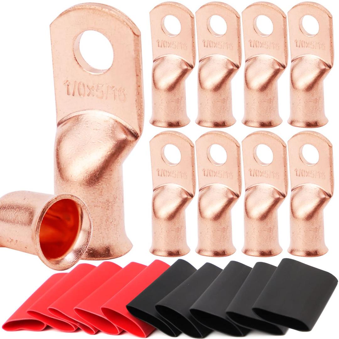 TKDMR 10pcs 1/0 AWG-5/16 Battery Lugs,Heavy Duty Wire Lugs,Ring Terminals,Battery Cable Ends,0 Guage terminals,Battery Terminal Connectors with 10pcs 3:1 Heat Shrink Tubing
