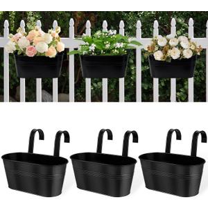 Metal Railing Planters for Outdoor Plants - 3 Pcs Balcony Hanging Flower Pots with Detachable Hooks & Drain Holes, Windowsill Oval Hanging Bucket Pots Fence Planters for Garden Home Decor, Black