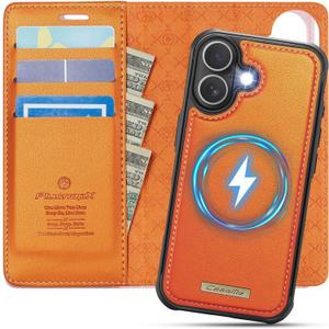 Wallet Case for iPhone 16 Compatible with Magsafe, 2-in-1 PU Leather Flip RFID Blocking Card Holder Stand Shockproof Magnetic Detachable Cover for iPhone 16 Case 6.1", Orange