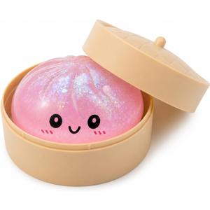 Sparkly Pink Dumpling Squishies Stress Balls, Colorful Squishies Dumpling Fidget Sensory Toy with Food Steamer, Squeeze Dough Ball for Stress Relief, Stretchy Desk Toys Gift, 2.34 x 2.34 x 2 inches