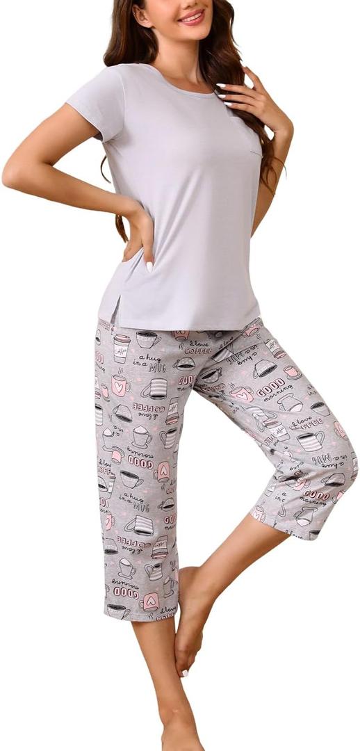 Inadays Womens Pajama Sets Cotton Pj Sets Short Sleeve Top With Capri Pants 2 Piece Sleepwear Comfy Lounge Set, Large