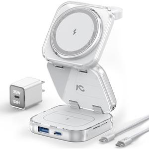 Wireless Charger for MagSafe, AC Island 5-in-1 Portable Travel Charging Station, 15W Max Fast Foldable Magnetic Stand, Evolved for iPhone 16/15/14/13 Series, Apple Watch, AirPods (with 35W Adapter) (Ice White)
