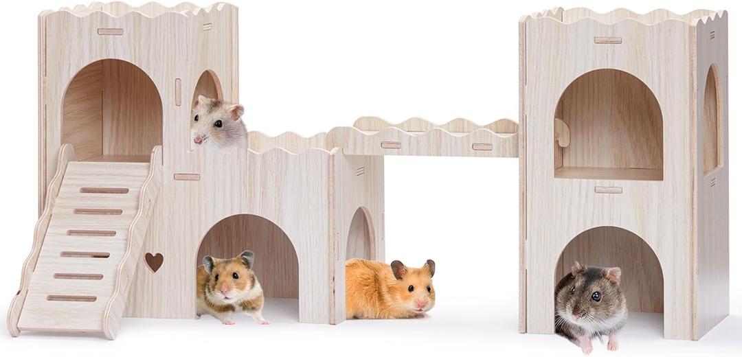 Large Hamster Hideout, Wooden Hamster Houses and Hideouts, Double-Decker Hamster Hut Castle, Dwarf Gerbils Habitat House with Climbing Ladder, Multi Chamber Syrian Hamsters Hides