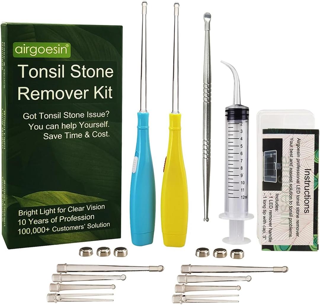 Airgoesin 6.75 inch Tonsil Stone Remover LED Tool Kit - 2 Sets, Oral Irrigation Syringe & Stainless Steel Pick, Tonsil Stone Removal Kit for Breath Freshening (Blue & Yellow)
