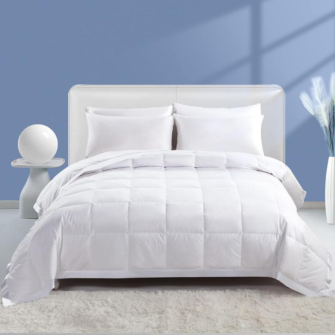 Dafinner Feather Down Blanket California King Size, Extra Lightweight Summer Comforter, Noiseless & Ultra Soft Thin Bed Blanket with Satin Trim (104"x96", White)