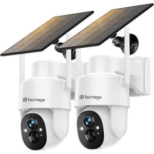 Solar Security Cameras Wireless Outdoor, 2K WiFi Cameras for Home Security, 360 PTZ Surveillance Camera with PIR, Color Night Vision, 2-Way Talk, IP66 Waterproof, SD/Cloud, Work with Alexa (2 Pack) (White-CQ1S 2PACK)