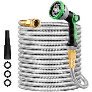 eletecpro Metal Garden Hose, Heavy Duty 304 Stainless Steel 75ft Hose with 2 Nozzles for 15 Functions for Yard, Lawn, Flexible Water Hoses Kink & Tangle Free, Pet & Puncture Proof