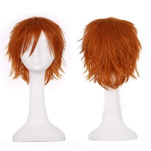 Short Fluffy Anime Wigs for Women Men 21 colors Spiky Unisex Comic Wigs with Oblique Bangs for Halloween Cosplay Costume Party(Dark Orange)