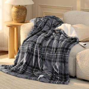 Bedsure Plaid Heated Throw Blanket - Flannel Sherpa Electric Blanket with Plaid Pattern, Heating with 6 Heating Levels, 4 Time Settings, 3-Hour Auto-Off, Warm Gifts for Grandma (Grey, 50"x60")