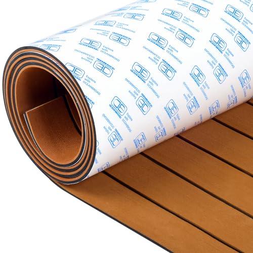 OCEANBROAD Boat Flooring EVA Foam Self-Adhesive 96''x16.8'' Faux Teak Marine Boat Decking Sheet for Jon Boats Yacht Floor, Brown with Black Seam Lines