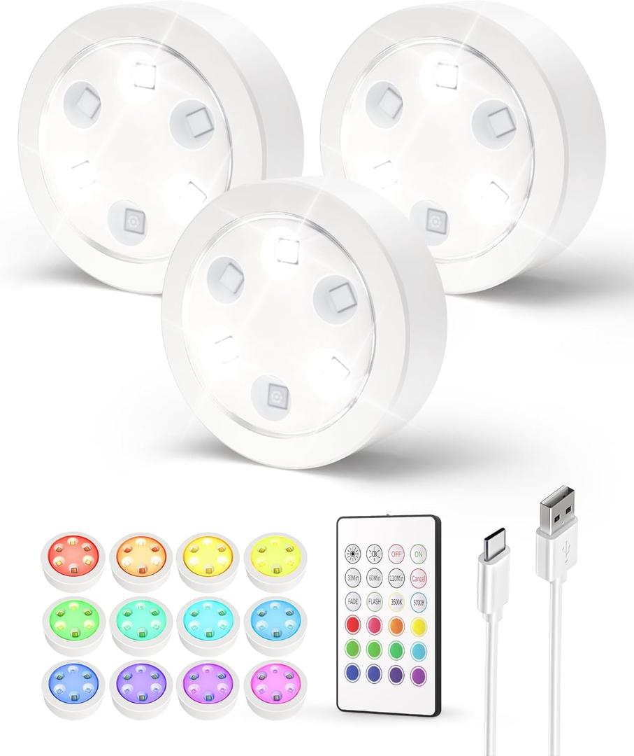 EZVALO Puck Lights with Remote,1200mAh Rechargeable Tap Light,RGB Display Lighting, Wireless Closet Light,Under Cabinet Lighs,Sitck On Lights for Halloween decorations, Kitchen,Closet,Shelves(3 Packs) (White)