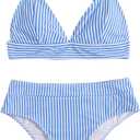 Verdusa Women's Striped High Waist Bikini Sets Swimsuit 2 Piece Bathing Suits (Blue and White)