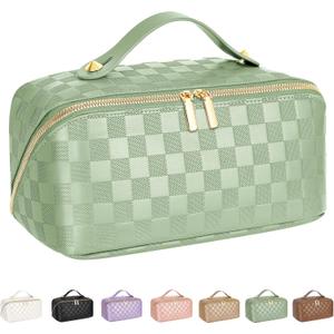 Large Capacity Travel Cosmetic Bag - Portable Makeup Bags for Women Waterproof PU Leather Checkered Makeup Organizer Bag with Dividers and Handle,Toiletry Bag for Cosmetics (Medium)