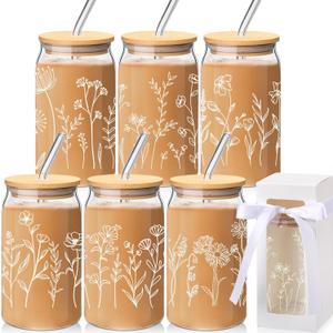 Havawish 12 Pcs Flower Glass Cups with Gift Boxes Glass Cups with Bamboo Lids and Straws Cute Coffee Tumbler for Women Girls(Boho)