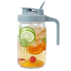 Mason Jar Pitcher Wide Mouth 32 OZ Glass Jars With Pour Spout Lids Airtight Leak-proof 1 Quart Water Pitcher With Handle For Iced Tea, Milk, Sun Tea, Lemonade, Iced Coffee