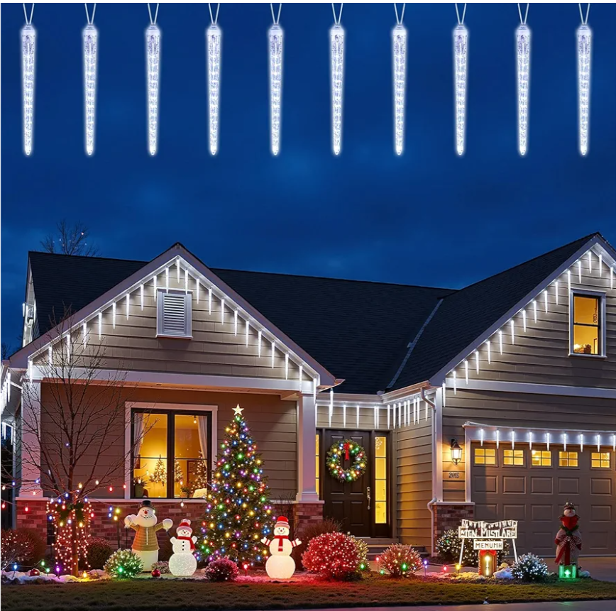 Cool White Christmas Icicle Lights  20 Large Tubes, Outdoor/Indoor Crystal Ice Hanging Lights, 29FT 8 Mode with Timer, Meteor Shower LED Light for Decoration