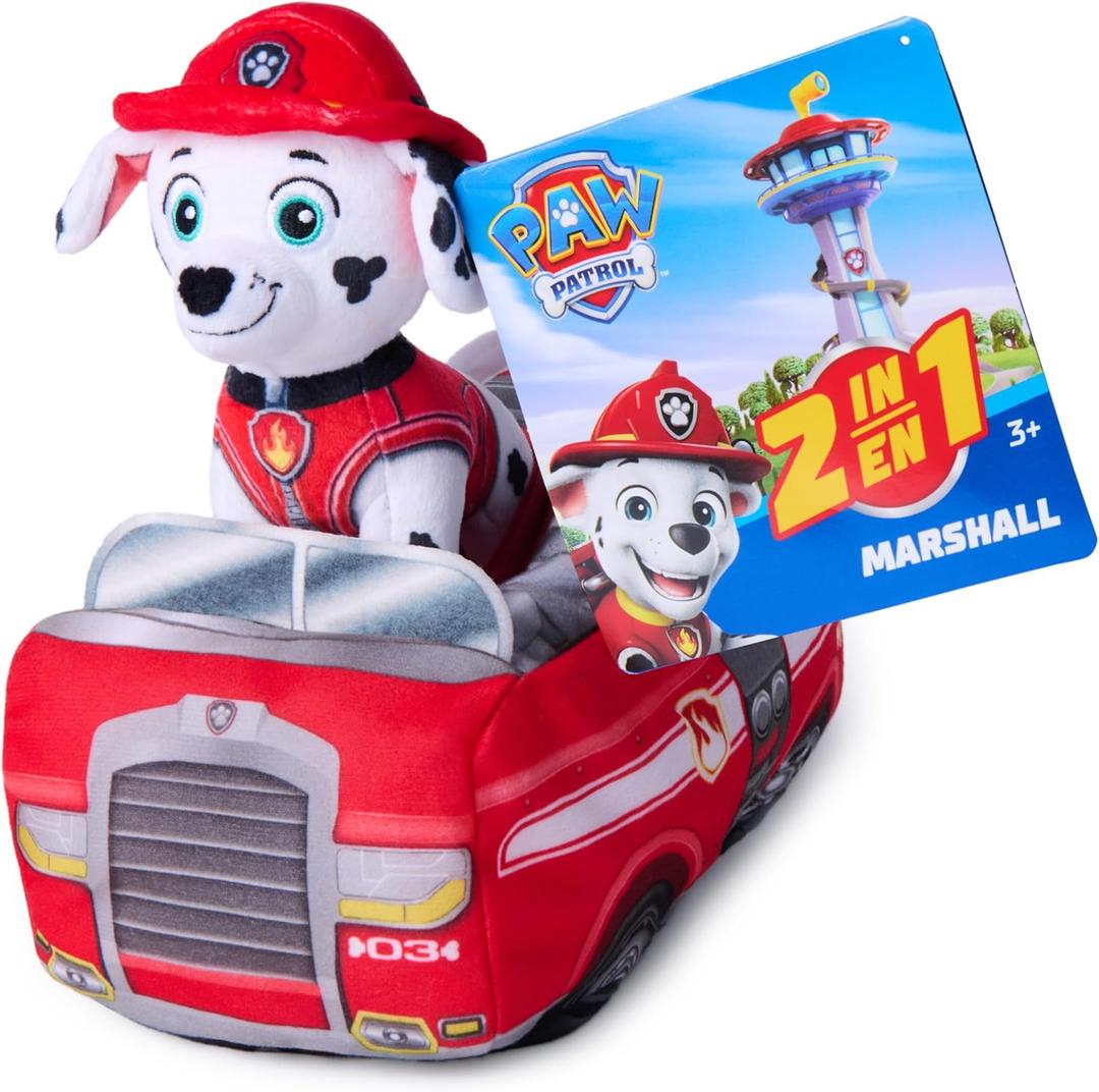 Paw Patrol Marshall 2-in-1 Vehicle Plush, 6-Inch Stuffed Animal with 8-Inch Plush Toy Firetruck, Kids Toys for Boys and Girls Ages 3 and Up