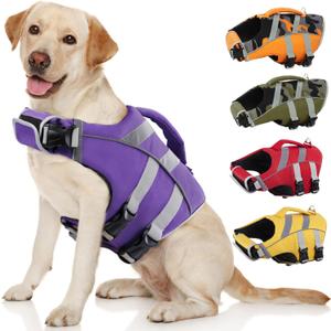 Kuoser Dog Life Jacket with Reflective Stripes, Adjustable High Visibility Doggie Water Vest Ripstop Puppy Lifesaver Pet Life Preserver for Small Medium and Large Dogs Puple XL (X-Large (Chest Girth:25.9-33.4''), 3#Purple)
