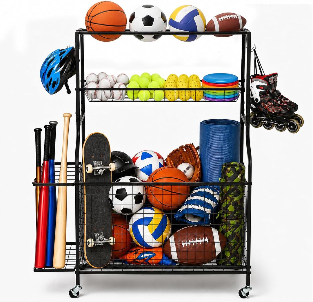 DuraMax Sports Storage Rack for Garage with Wheels, Ball Storage Rack and Sports Equipment Storage Rack, Garage Sports Organizer with Mesh Bin, Basket, Hooks and Bat Rack