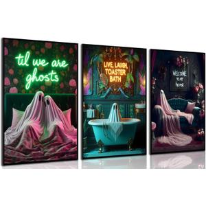 3Pcs Halloween Neon Bathroom Wall Art Tropical Ghost Dying To Relax Painting Picture Wall Decor Fashion Funny Gothic Ghost Toaster Poster Print Artwork For Apartment Living Bedroom Home Decoration (16L" x 12W")