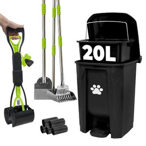 20L Dog Poop Trash Can Outside, Dog Waste Container with Pooper Scooper | Foot-pedal lid, removable inner bucket, metal rake, shovel & dustpan, bone bag dispenser with 5 waste bag rolls for yard.