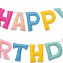 Pastel Pre-Strung 3D Happy Birthday Banner with Strawberry and Flower, Reusable Happy Felt Garland, Rainbow Party Decorations, Personalized Birthday Sign for Girls Womens